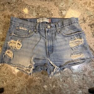 Levis 527 Low Boot Cut Distressed Denim Cut Off Shorts Light Wash Blue Womens 31